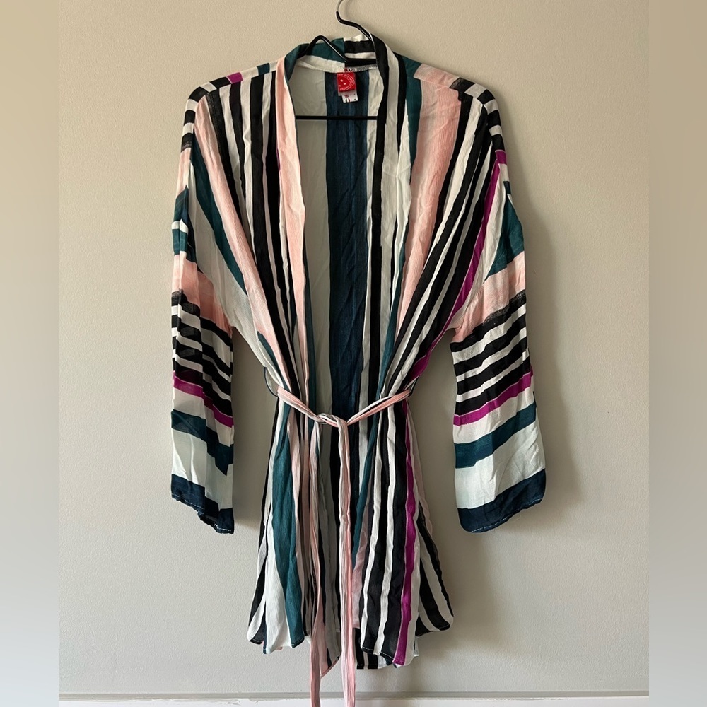 Red Carter Striped Tie Waist Kimono Cover Up Cardigan XS/S Resort Beach Boho